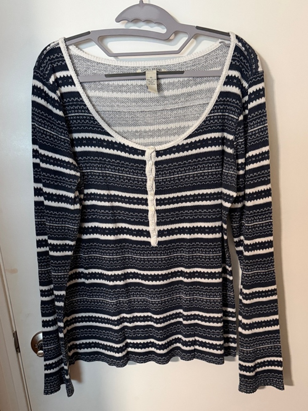 Lucky Brand Navy & White Striped Scoop Neck Henley